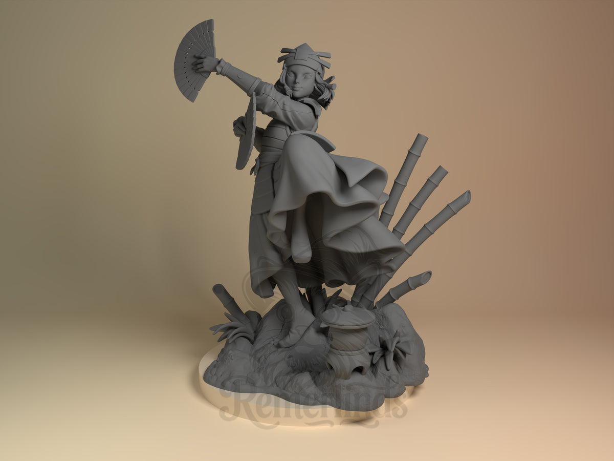 Front view of Siku from Avatar: The Last Airbender, an unpainted resin figure with fan raised on a sculpted bamboo base.