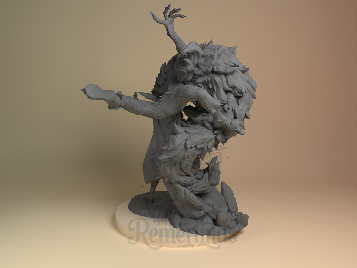 Side-view unpainted resin figure of Seiko & Granny from Dandadan with arms extended on a sculpted base.