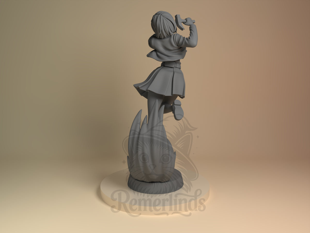 Rear three-quarter view of Nobara Kugisaki from Jujutsu Kaisen, an unpainted resin figure holding a hammer on a cat base.
