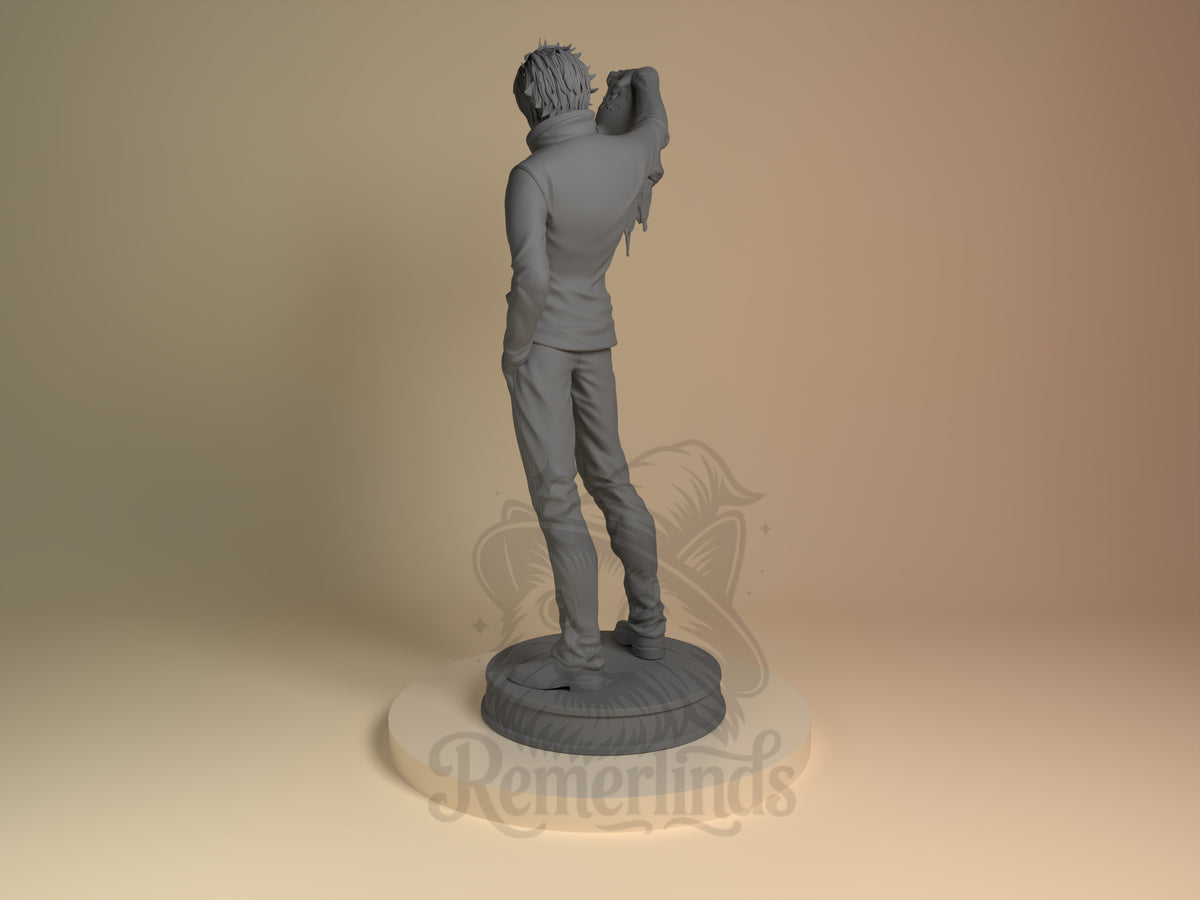 Satoru Goju from Jujutsu Kaisen is an unpainted resin figure viewed from behind, with one raised arm on a sculpted round. .