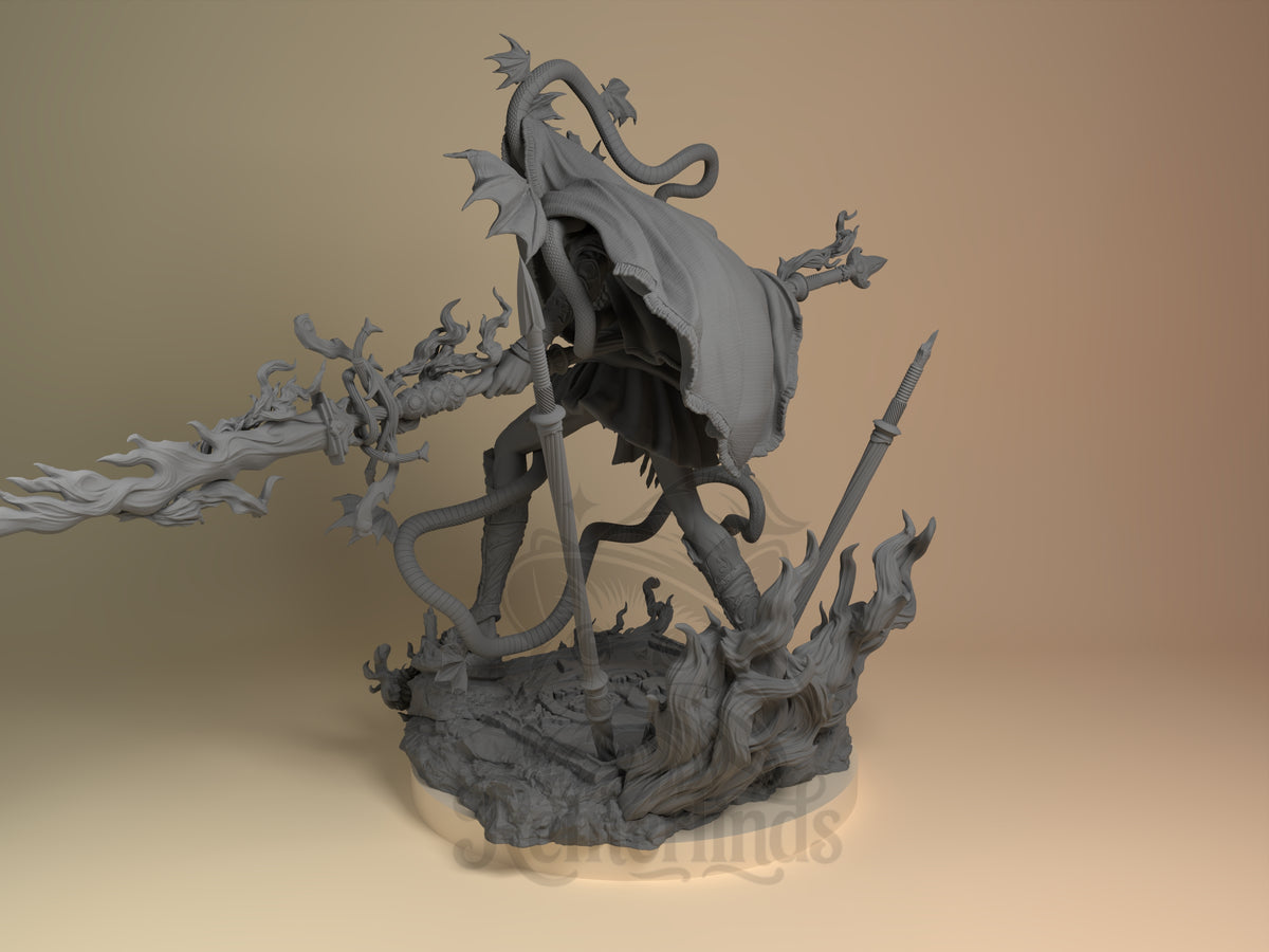 Messmer the Impaler from Elden Ring is an unpainted resin figure with tendrils, weapons, and sculpted base.