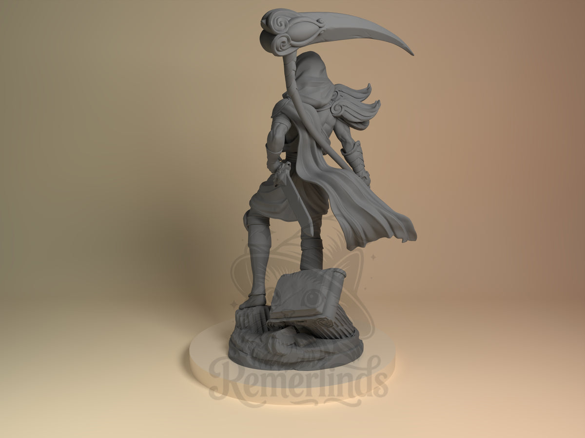 Unpainted Dusk Warden from Hades resin figure stands rear-facing with scythe on sculpted base.
