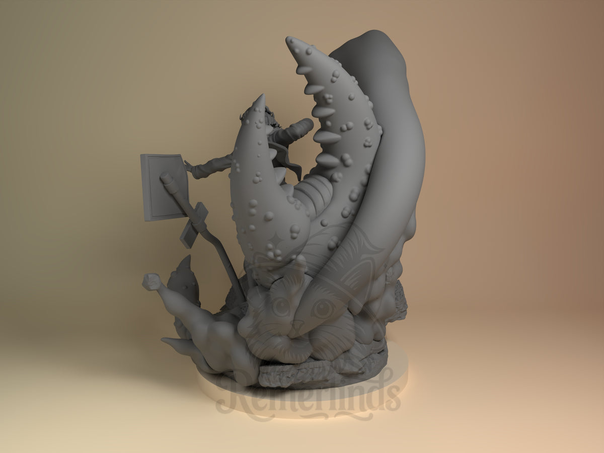Left view shows Momo Ayase from Dandadan as an unpainted resin figure with appendages on a sculpted base.