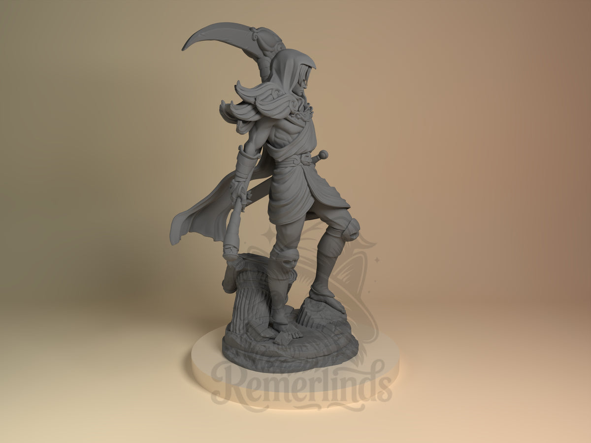 Dusk Warden from Hades appears in a right-facing pose as an unpainted resin figure with scythe on a sculpted base.
