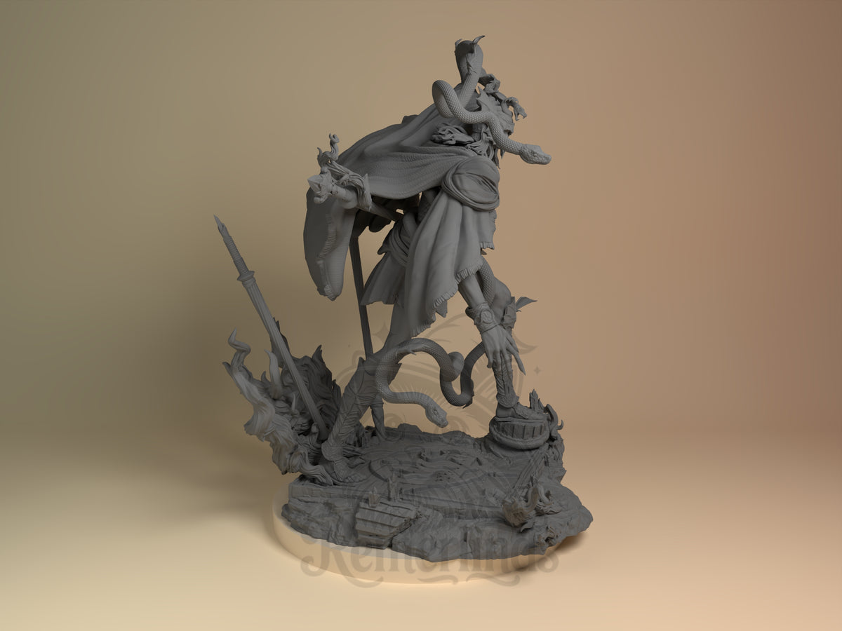 Messmer the Impaler from Elden Ring is shown as an unpainted resin figure with serpents, spear, and sculpted base.