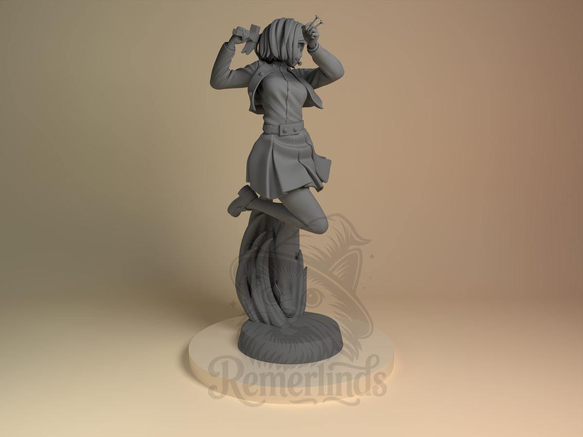 Nobara Kugisaki from Jujutsu Kaisen is an unpainted resin figure, right-side view, kneeling with raised hands on a sculpted ?