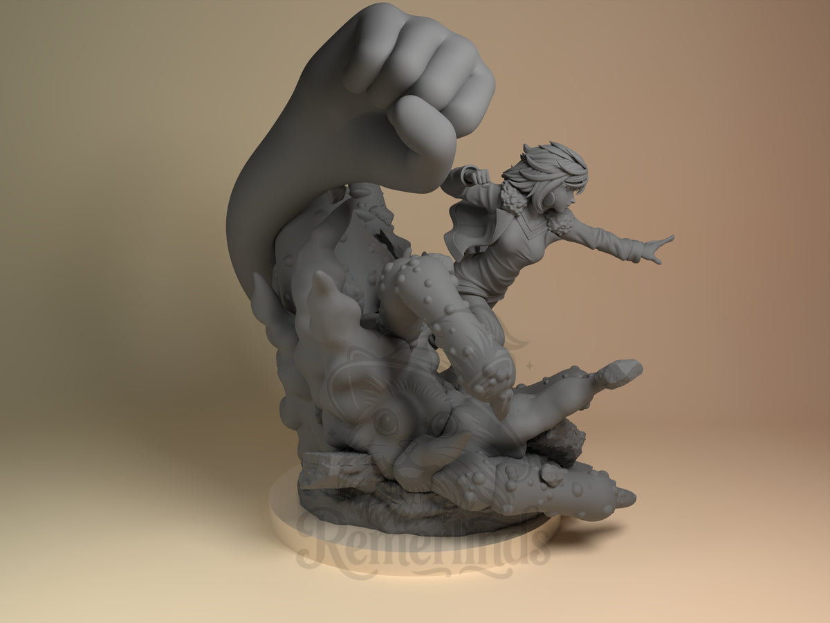 Right-angle view of unpainted Momo Ayase resin figure from Dandadan, posed on a sculpted base.