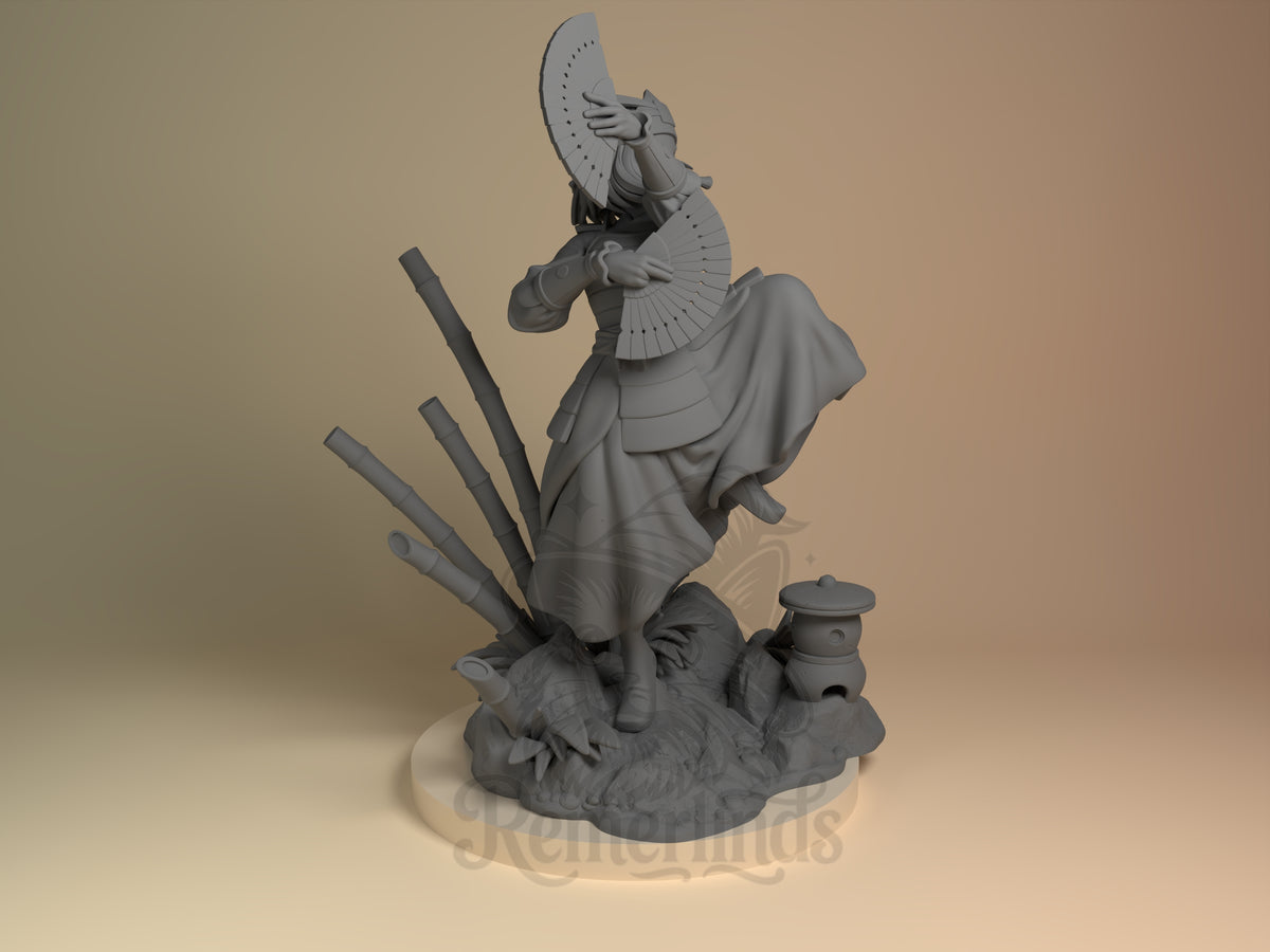 Right-side view shows Siku from Avatar: The Last Airbender, an unpainted resin figure posed with fans on a sculpted rocky...