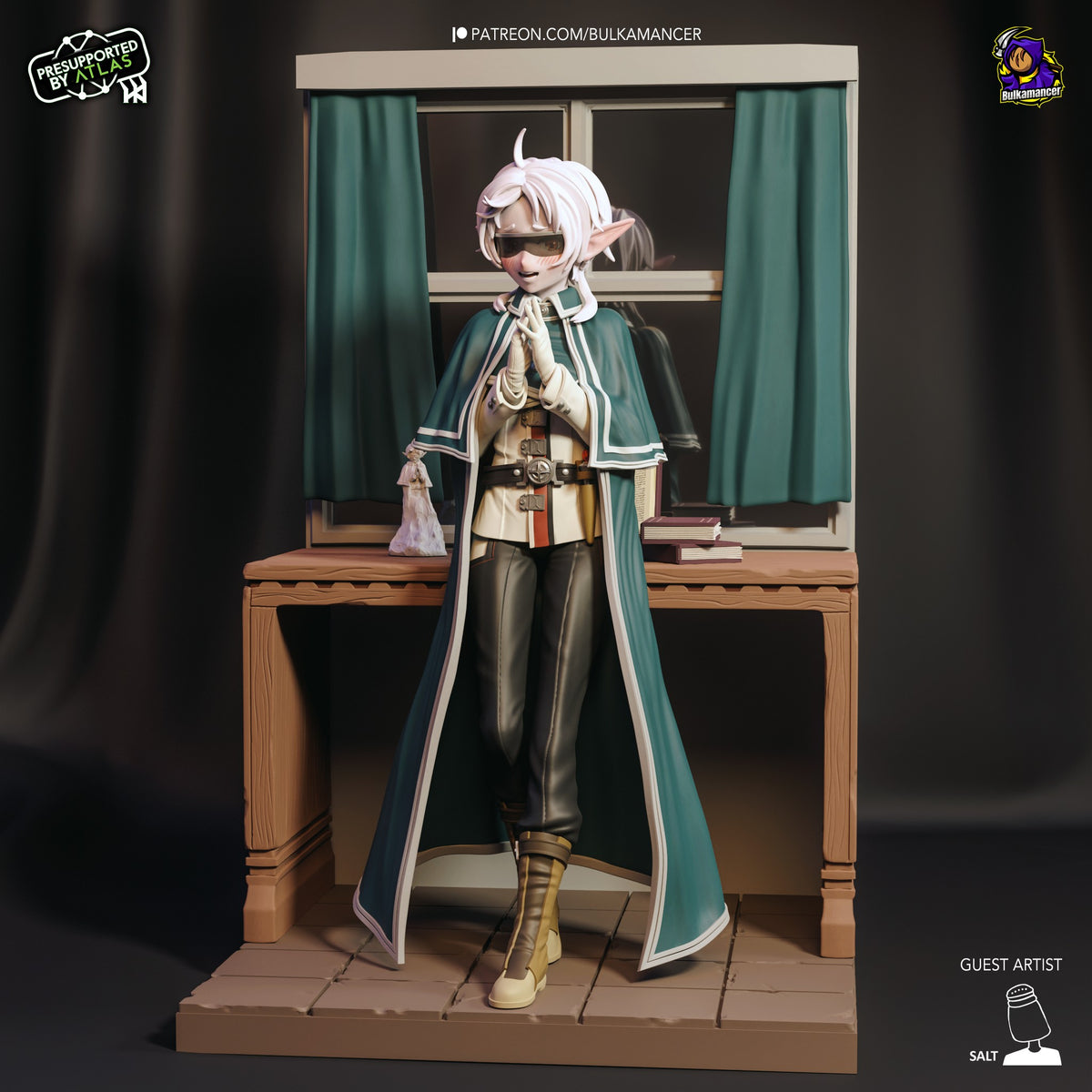 Sylphiette resin figure from Mushoku Tensei in teal cape and cream outfit, standing posed before wooden desk with window, fully painted on brown tile base.