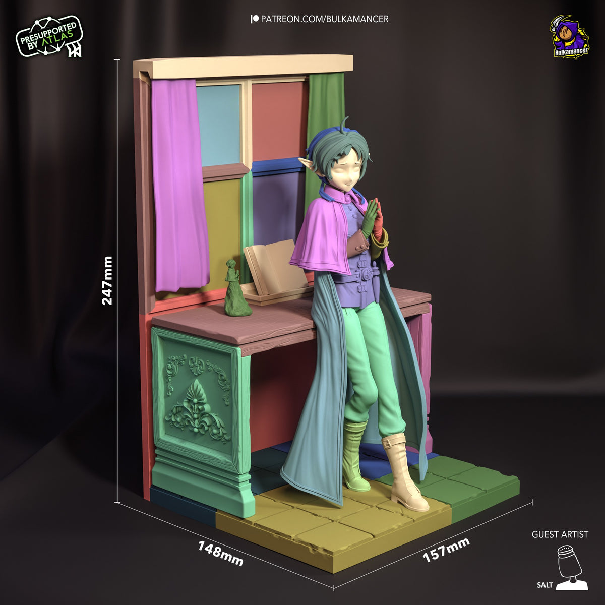 Sylphiette resin figure from Mushoku Tensei shown at scale with colorful diorama base, displaying painted details and flowing cape.