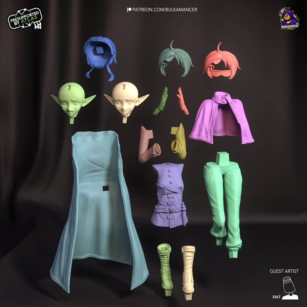 Sylphiette resin figure parts layout showing painted heads, arms, torso, legs, cape and hair pieces against dark background.