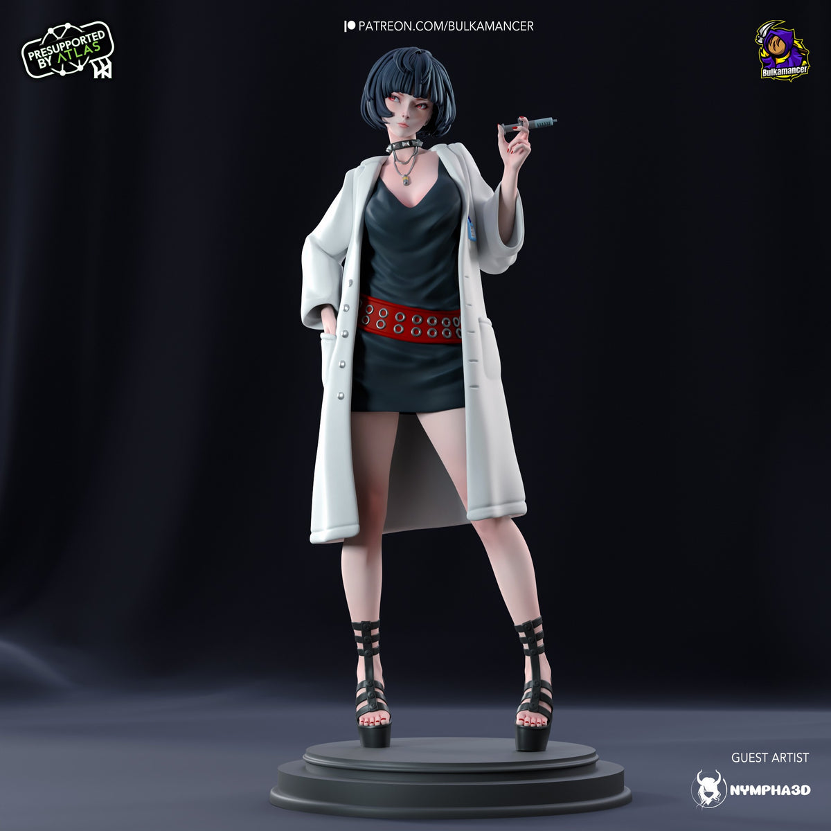 Tae Takemi resin figure from Persona 5 posed standing on circular base, wearing white coat over black dress with red studded belt, holding cigarette, painted with dark hair and platform boots.