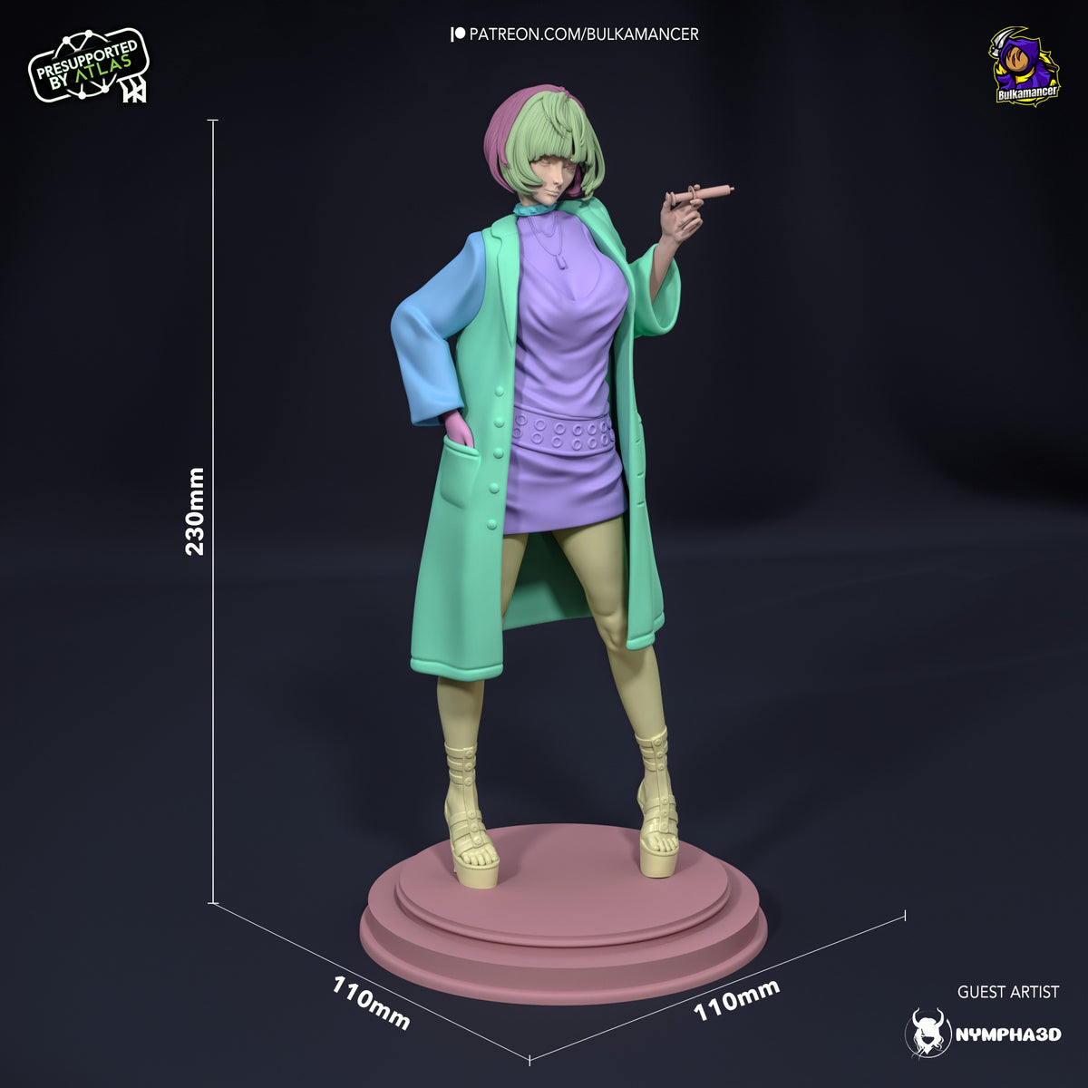 Tae Takemi resin figure shown at 230mm height on circular base, displaying front three-quarter pose in green coat and purple dress with pointing gesture.
