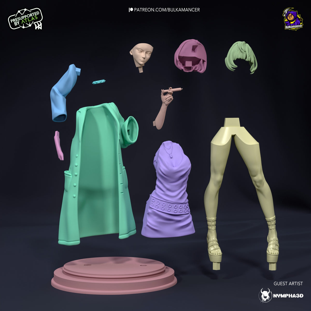 Tae Takemi resin figure parts laid out: green coat, purple skirt, cream legs, head, arms, hands, wigs, base, and accessories.