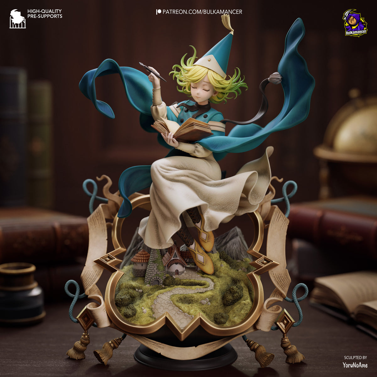 Coco from Witch Hat Atelier resin figure in dynamic pose holding book, blonde hair flowing, perched on ornate base with miniature house and landscape details, fully painted.