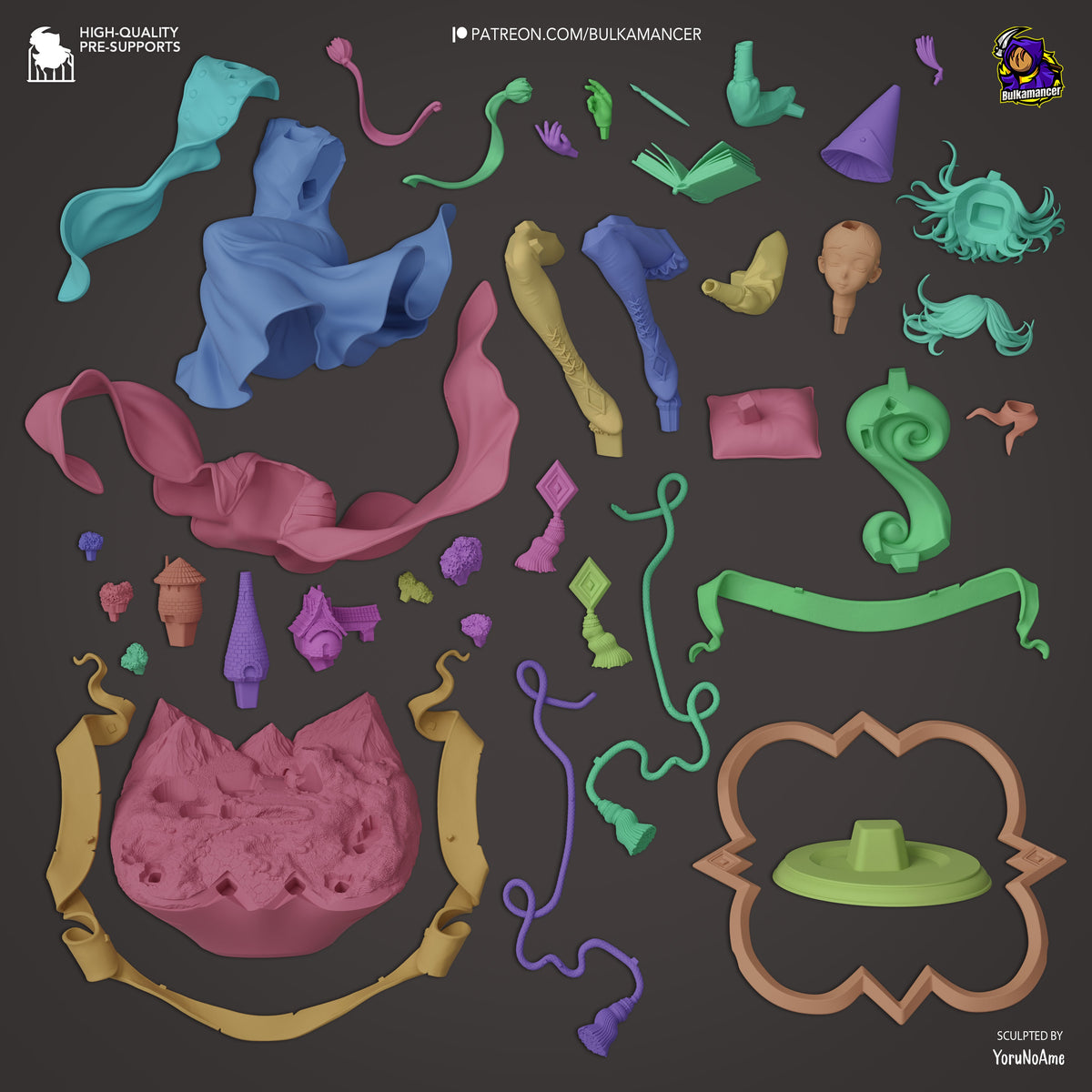 Coco resin figure parts laid out on dark background, including body, limbs, tentacles, accessories, and base pieces in various colors from Witch Hat Atelier.