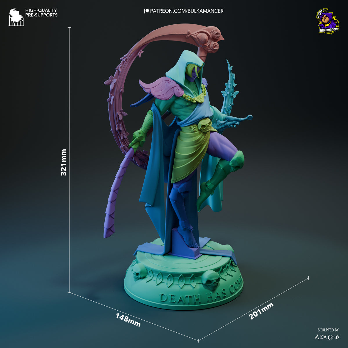 Thanatos resin figure from Hades shown at 32mm height scale, displaying painted green skin, purple hair, blue cape, ornate scythe, and decorative base from side angle.