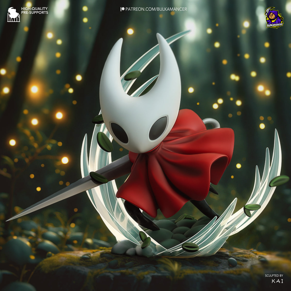 Hornet resin Chibi figure from Hollow Knight, front three-quarter view, holding needle weapon, painted white mask and red cloak, standing on mossy base with glowing forest backdrop.