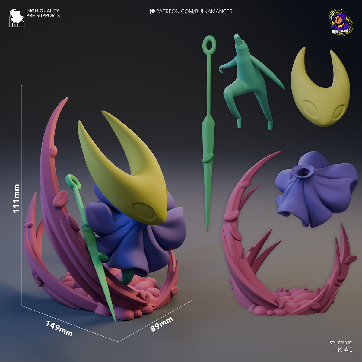 Hornet resin Chibi figure displayed at scale with separated components showing yellow nail, green staff, purple flower, and pink curved base elements.