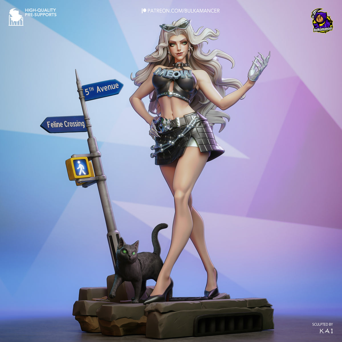 Midnight Thief resin figure from Super Rivals in dynamic pose on street sign base with black cat, fully painted with metallic details and blonde hair.