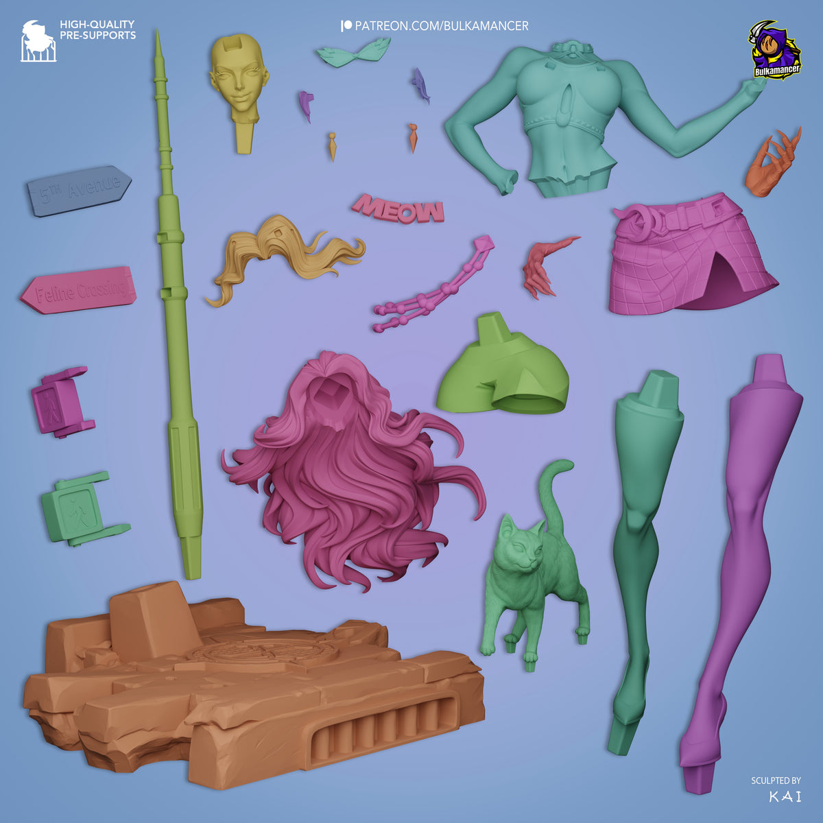 Unpainted resin figure parts for Midnight Thief from Super Rivals laid out on blue background, including torso, legs, head, hair, weapons, cat companion, and base.
