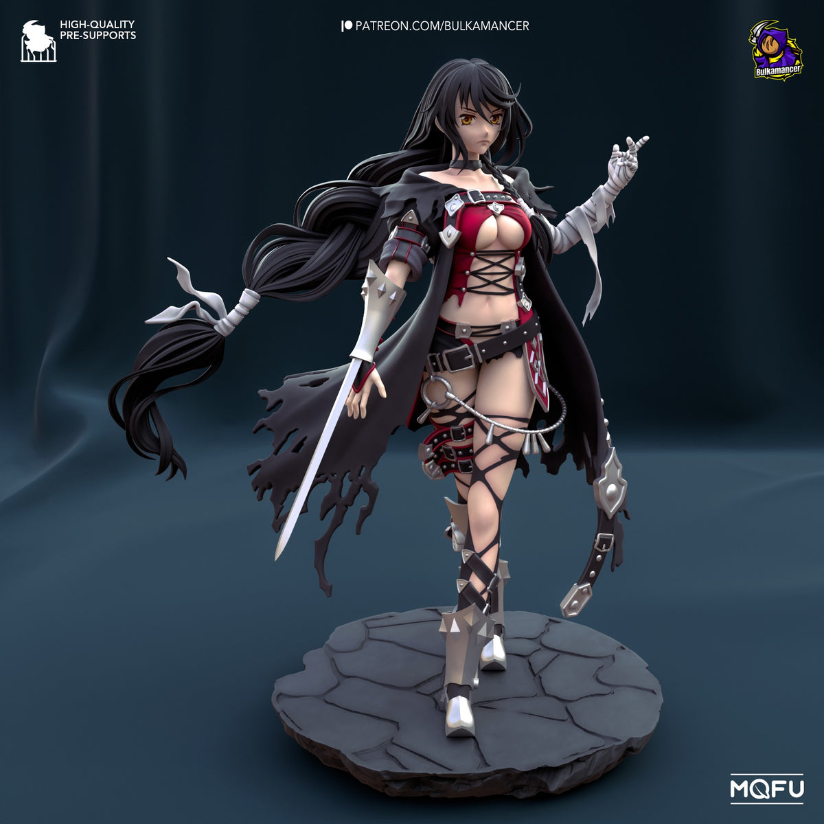 Velvet Crowe resin figure from Tales of Berseria posed dynamically on textured base, displaying detailed painting, long dark hair, red and black outfit with sword and cape.