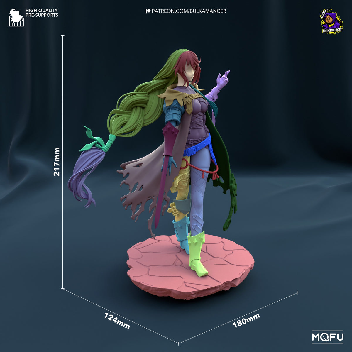 Velvet Crowe resin figure at three-quarter angle showing painted details, flowing green hair, purple wings, and colorful outfit on pink base. Height 217mm.