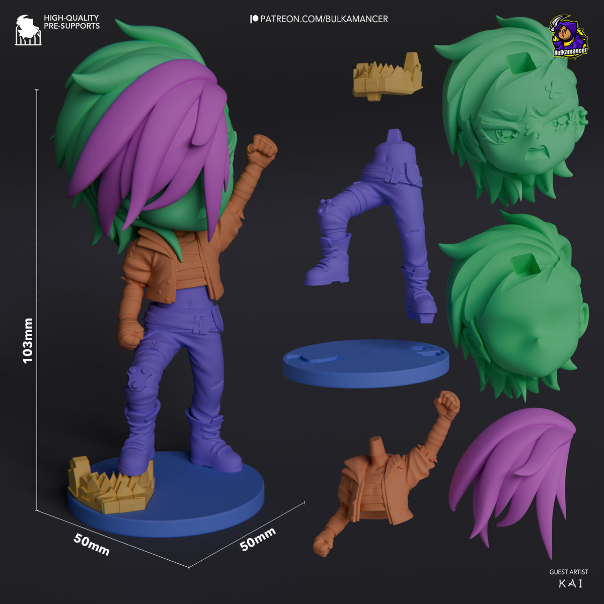 Vi from Arcane resin Chibi figure shown at 103mm scale with painted main figure, unpainted head variants, and accessory parts displayed on blue base.