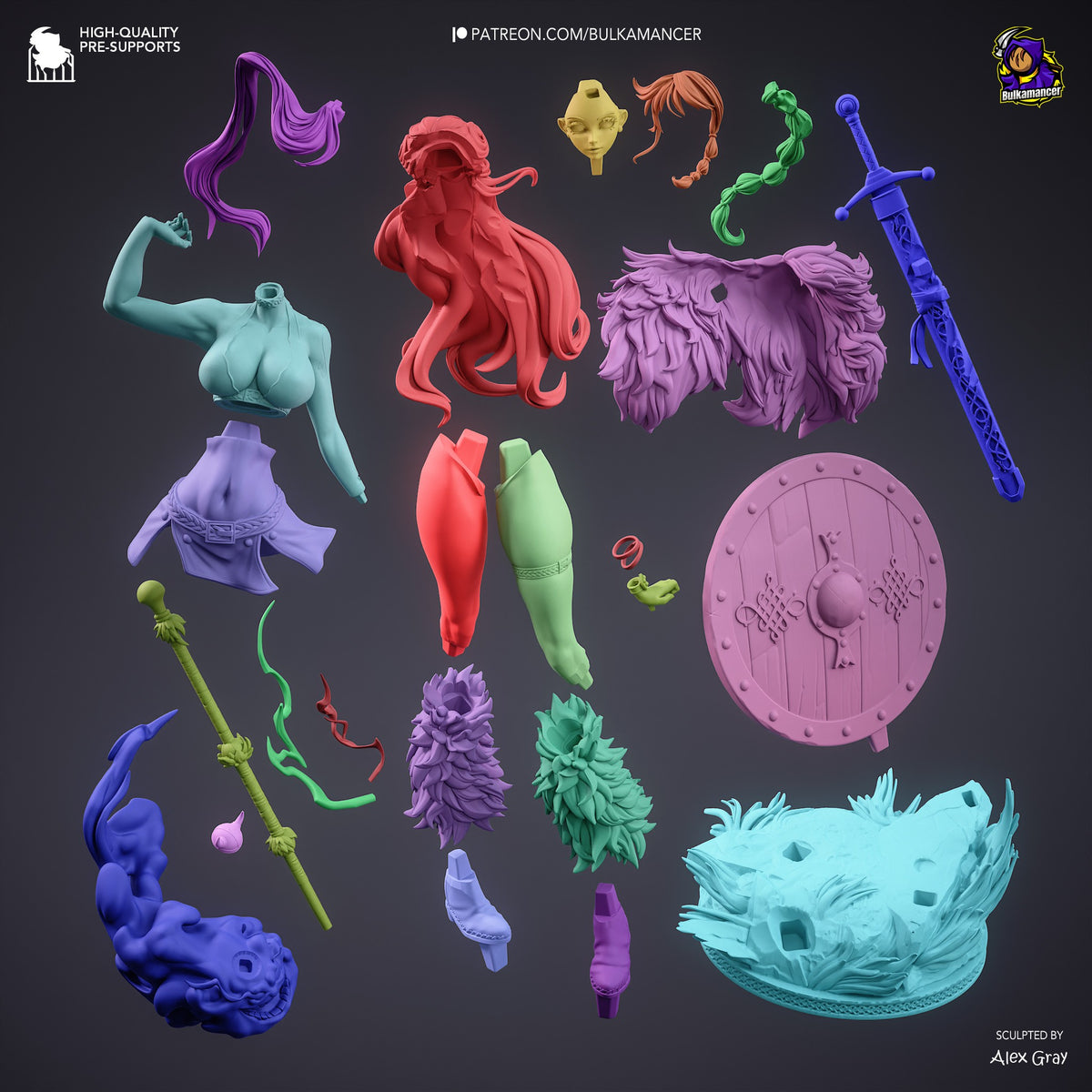 Nami resin figure parts kit displayed flat: hair, torso, legs, arms, weapons, and accessories in various colors, sculpted by Alex Gray.
