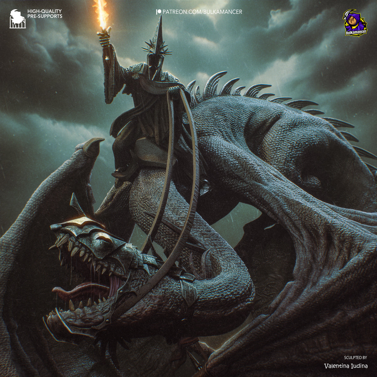 Painted Witch King of Angmar from Lord of the Rings resin figure rides a snarling winged beast.
