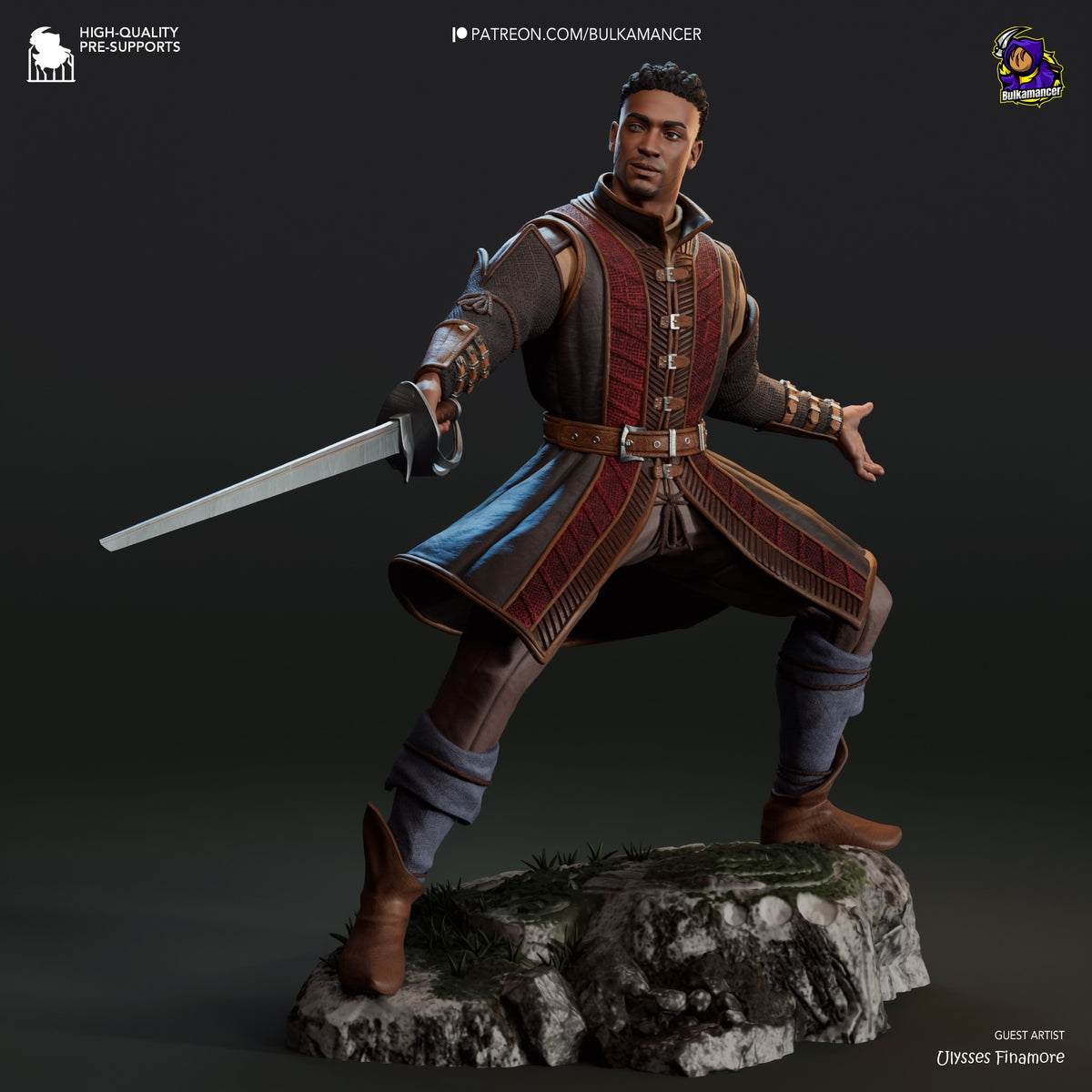 Wyll from Baldur's Gate 3D resin figure in dynamic sword-wielding pose on rocky base, painted with detailed armor and clothing, facing right with raised blade.