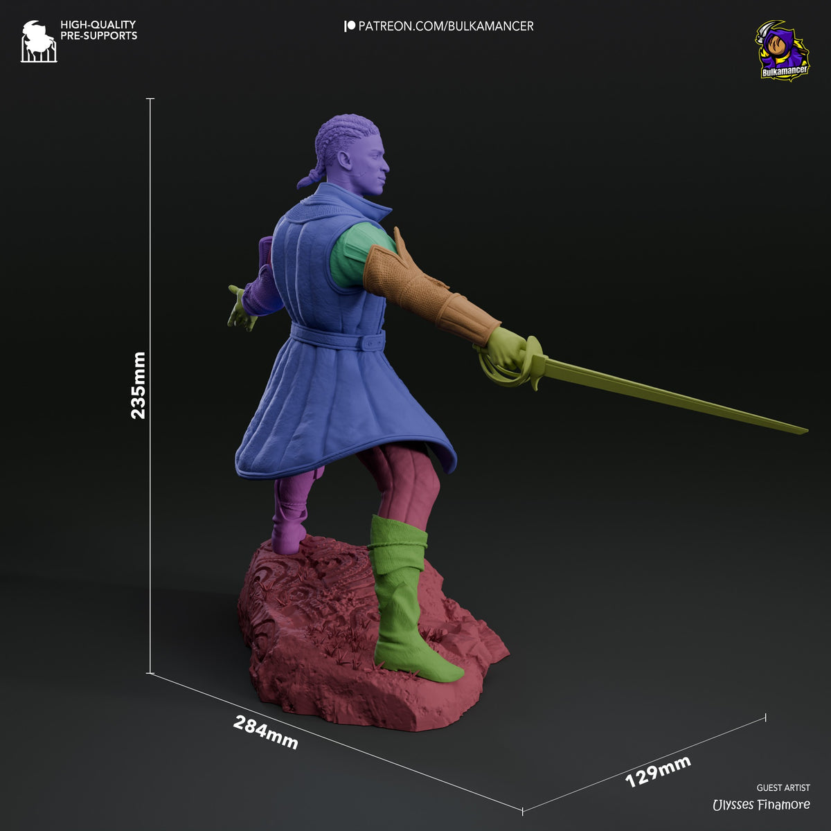 Wyll resin figure shown at 235mm height in side profile, wielding green sword, painted in purple, blue, green and pink tones on textured base.