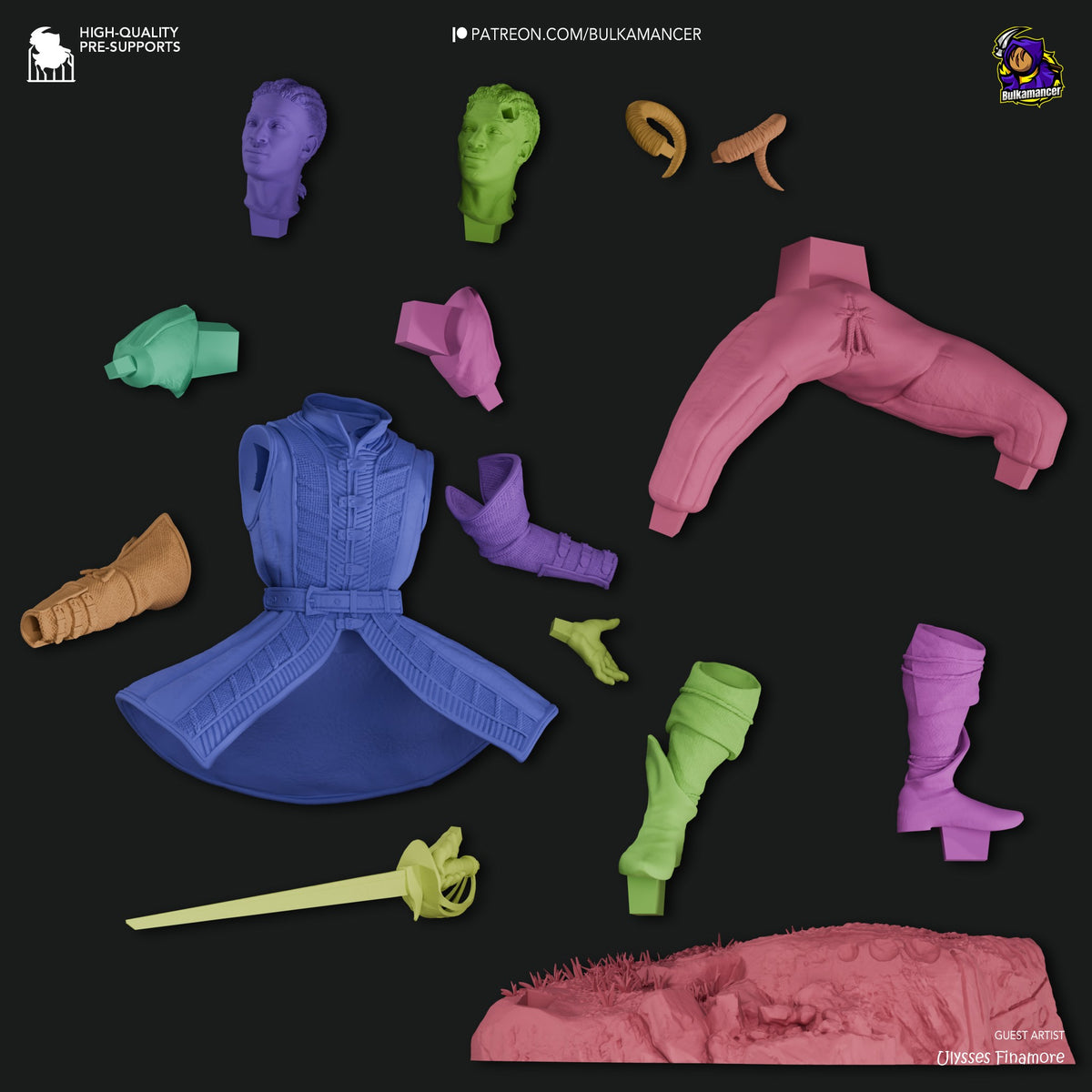 Wyll resin figure parts displayed flat: two heads, dress, jacket, arms, legs, boots, weapons, and textured base in various colors against black background.