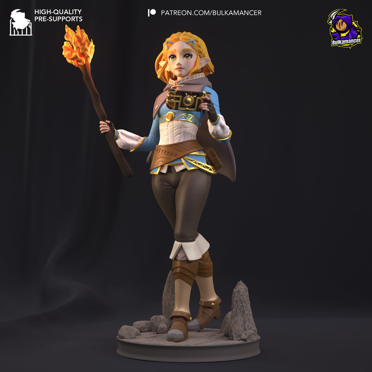 Princess Zalde resin figure from Tales of Daelz, painted front view, holding flaming staff, detailed base with rocks, dynamic pose.