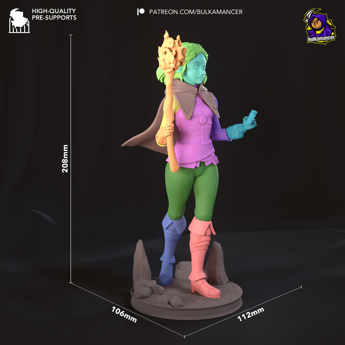 Princess Zalde resin figure shown at 208mm height with 106x112mm base, displaying front three-quarter angle, painted in vibrant colors, holding flaming staff.