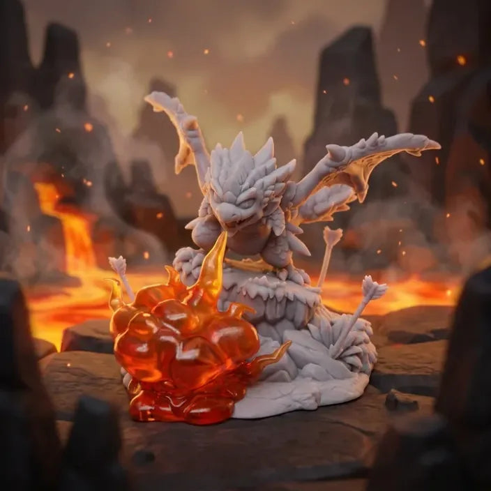 Chibi Rathalos resin kit from Monster Hunter by Nomnom Figures, Silver finish with orange tinted transparent fire effect